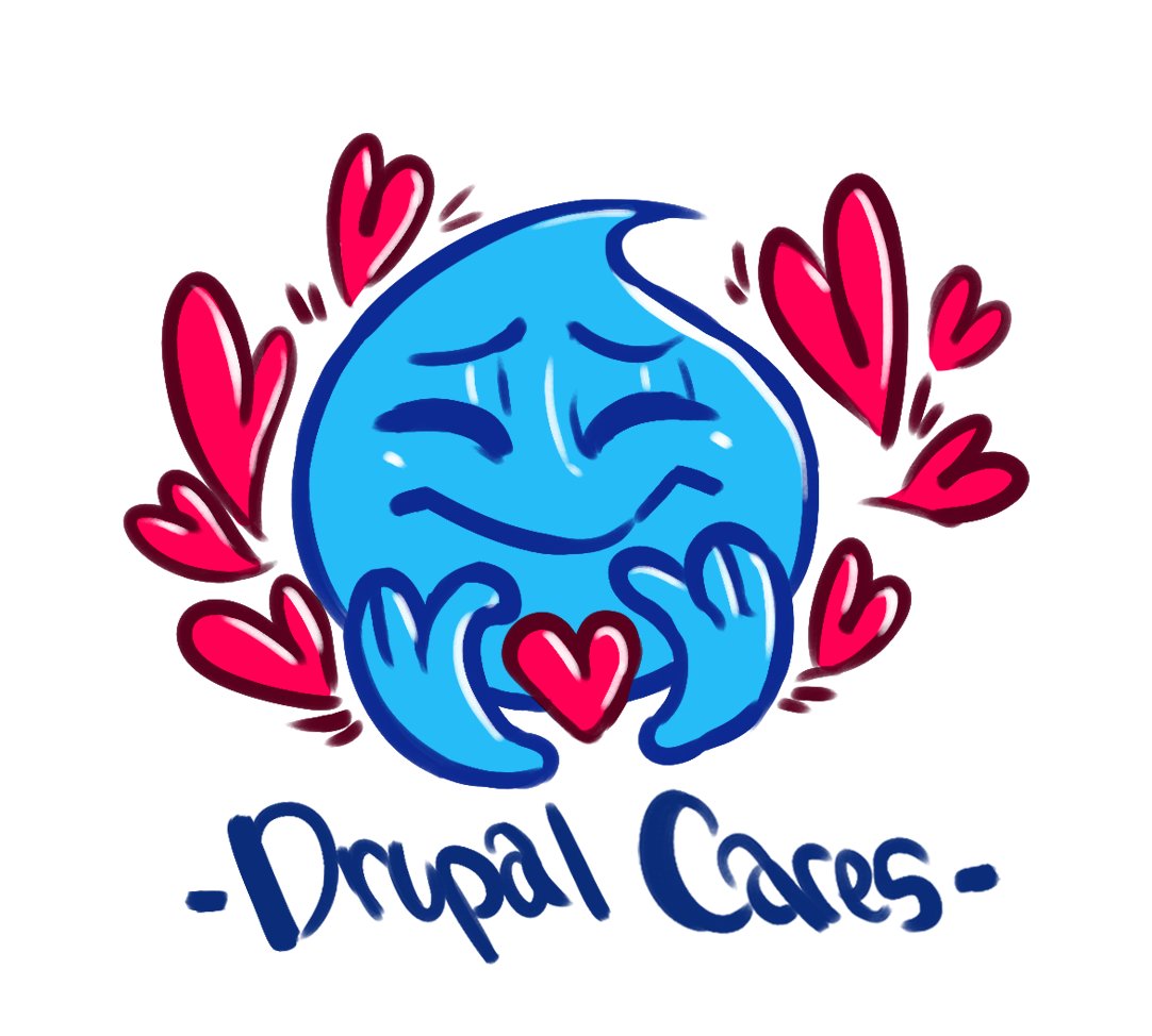 A drop shaped icon with hearts surrounding it and Drupal Cares written below it