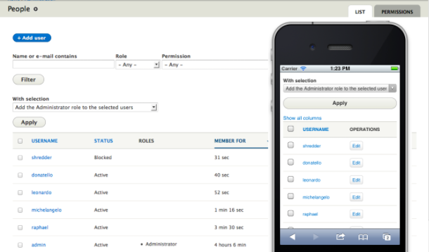 Drupal 8 mobile administration; example of mobile responsive website; 