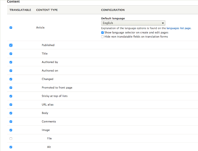 admin interface with translatable content type and configuration