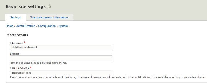 admin editor interface for basic site settings