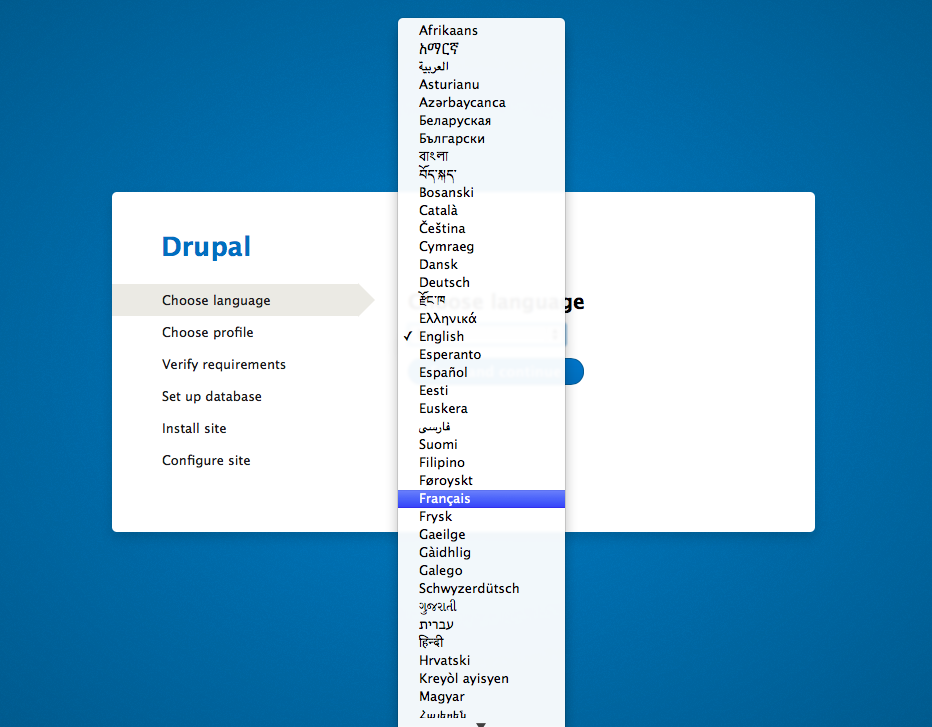 Drupal installation showing different language options