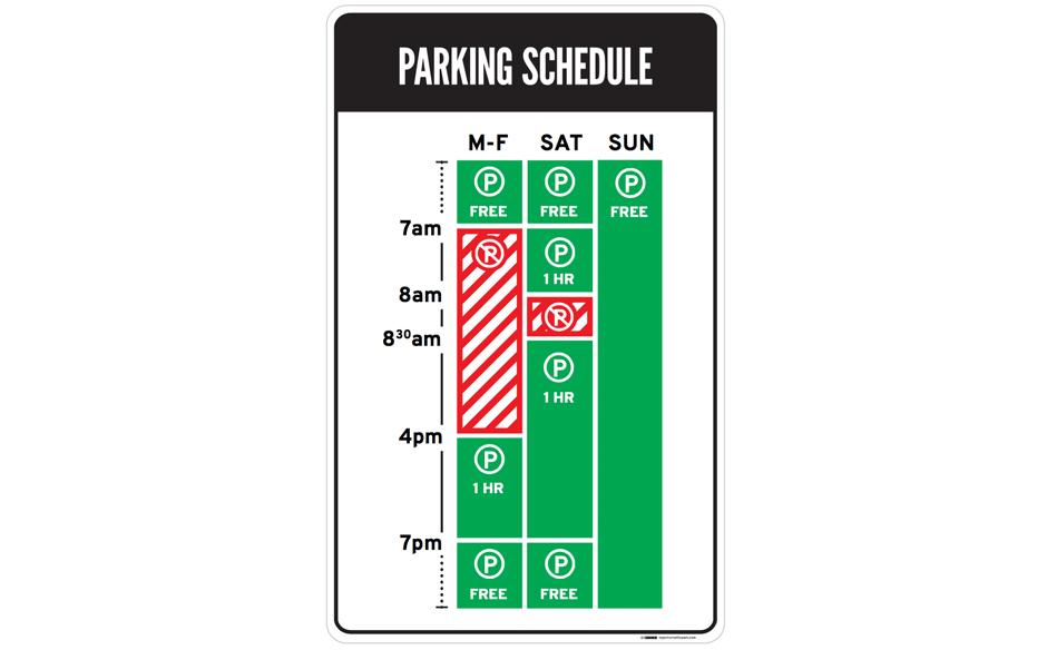 digitally created parking sign using red and green to denote parking and no parking times