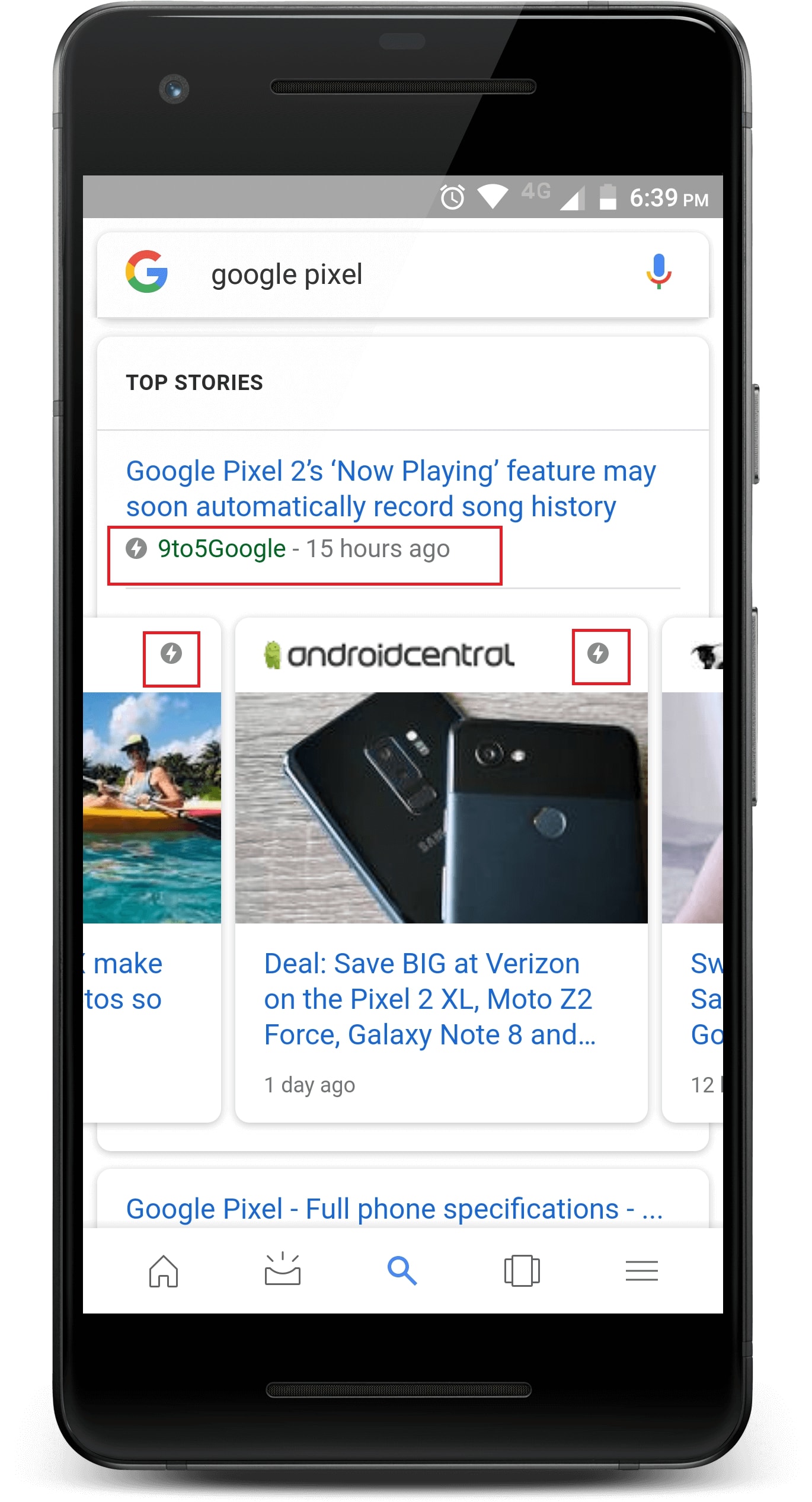 Search result for google pixel. The first story has the AMP logo
