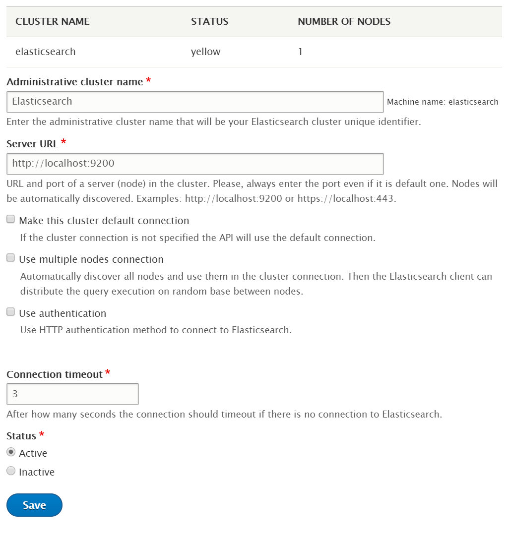 Interface of Elasticsearch connector drupal module with message fields and checkboxes