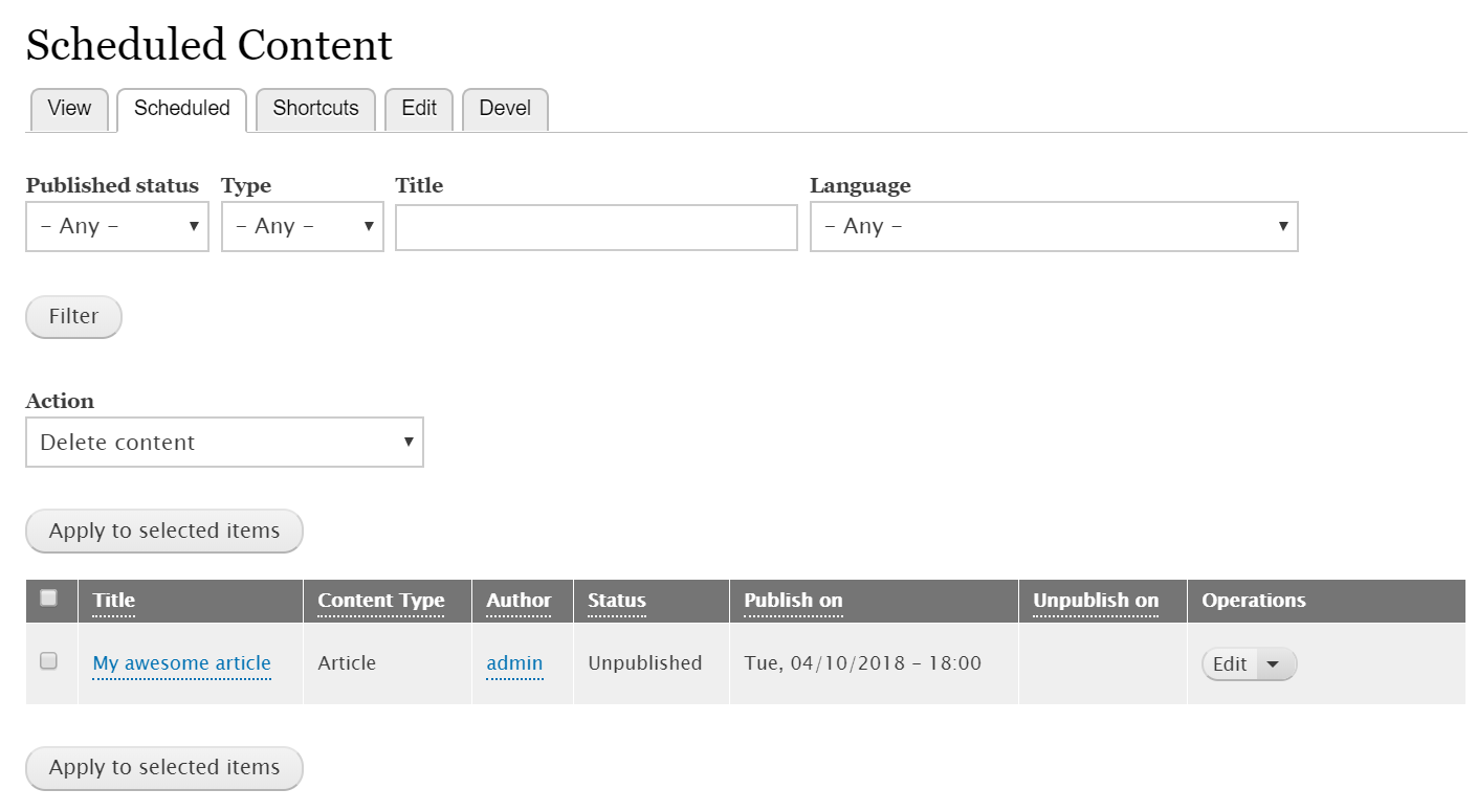 Interface to manage all the scheduled content items of an author