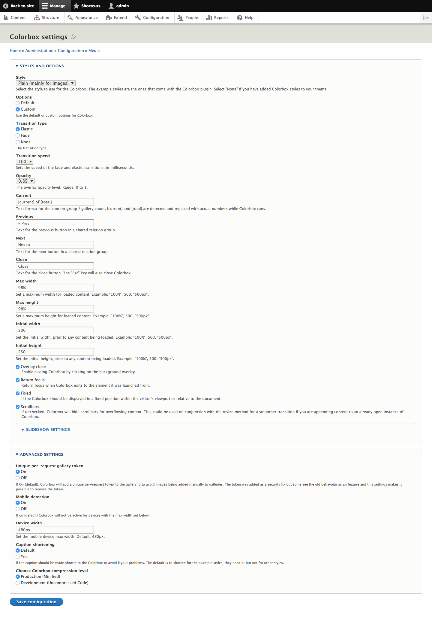 admin interface of colorbox settings with lot of blocks