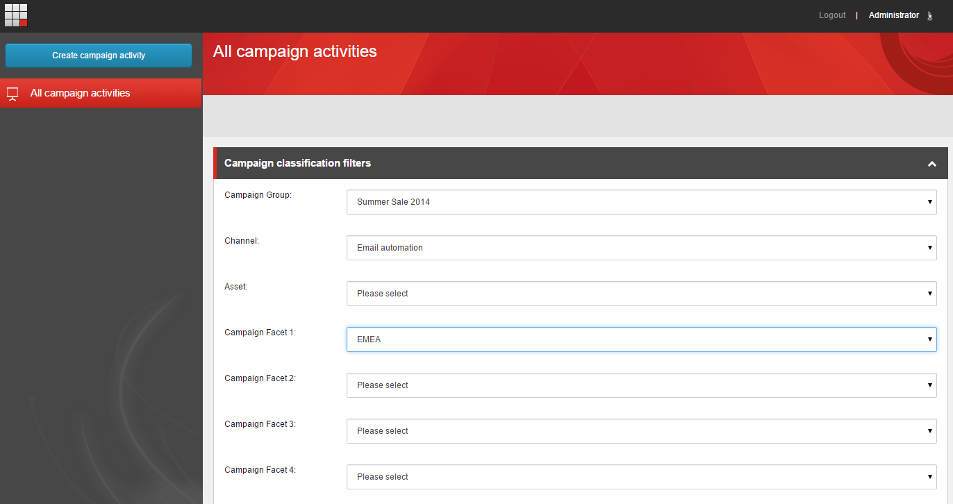 Sitecore marketing analytics interface with different options