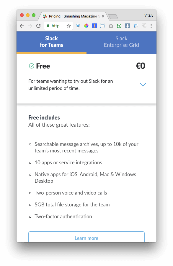 Slack pricing describing accordion functionality on mobile. 