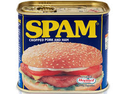 A canned product which has burger picture in the front and the word “SPAM” has been written on top of the picture
