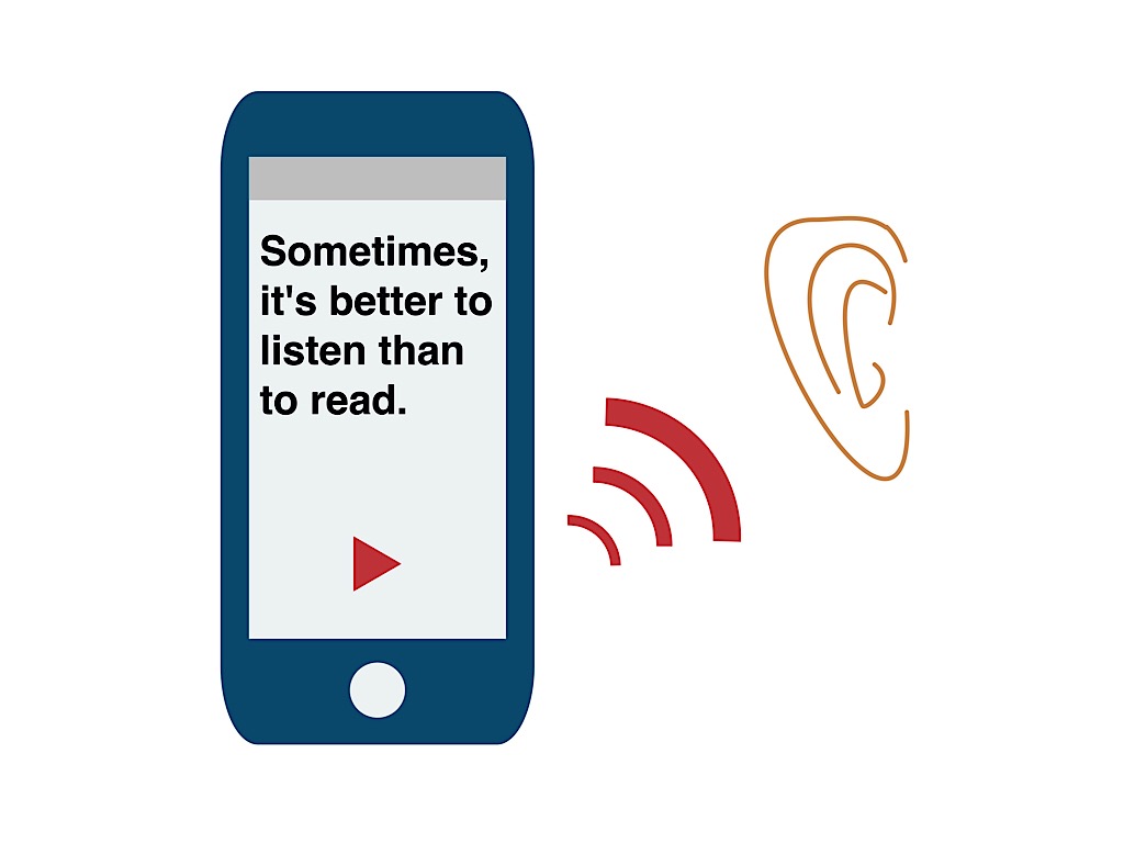 a mobile phone where a text is written and an ear is hearing the text which is being spoken