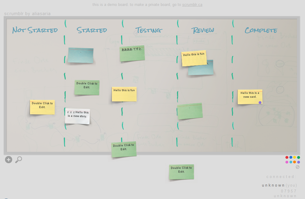 a whiteboard with five sections divided with green marker and each section has sticky notes placed on it