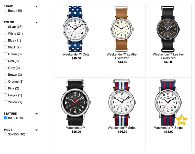 The screenshot of Timex's website is presented with a number of watches from the catalogue.