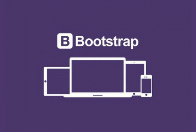 bootstrap logo with computer in a purple background