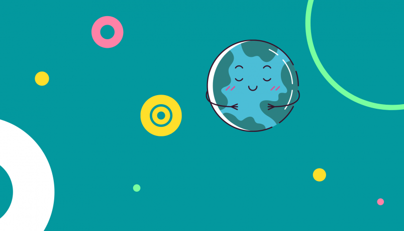 Blue background with green, yellow and pink circles and an animated Earth