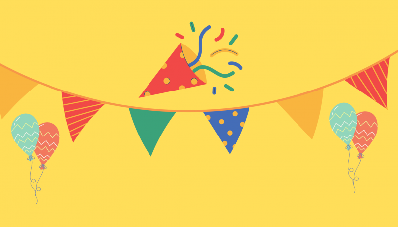 yellow background with blue, green and red festoon and balloons