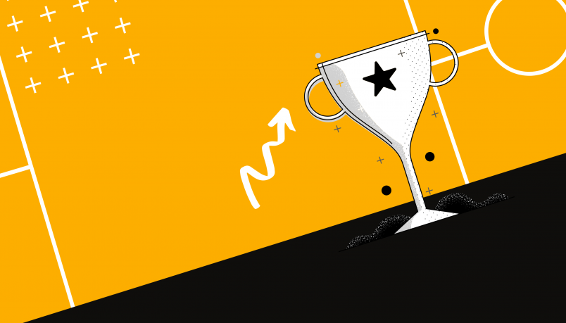 black and yellow background with a white upward arrow and a trophy