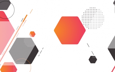 white blog banner with orange and black hexagonal design