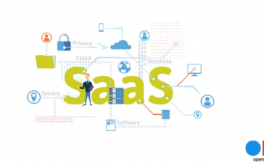 Saas written in big green letters with clouds and privacy in the background