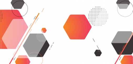 white blog banner with orange and black hexagonal design