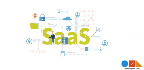 Saas written in big green letters with clouds and privacy in the background