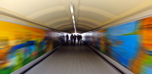 illustration image showing a tunnel having multi coloured painted walls with light yellow ceiling with white tube lights attached and a bunch of people exiting from it