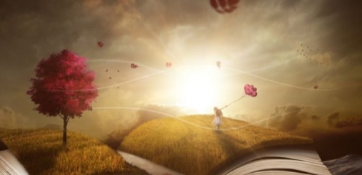 yellow tint background with trees and an open book