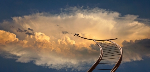 A metal ladder is seen going into clouds in the sky.