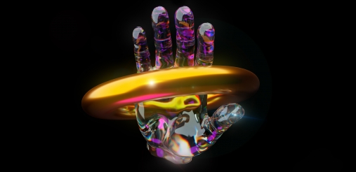 black background, greyish hand in centre, golden ring in its grasp
