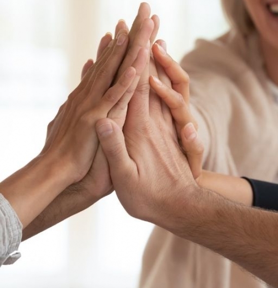 Joined hands of people can be seen.