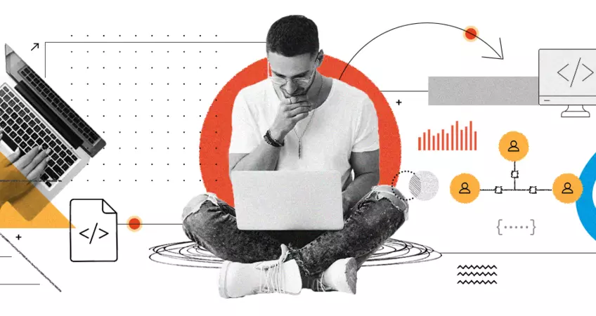 man sitting cross legged with a laptop and thinking, background consists of Drupal logo, a laptop and abstracts