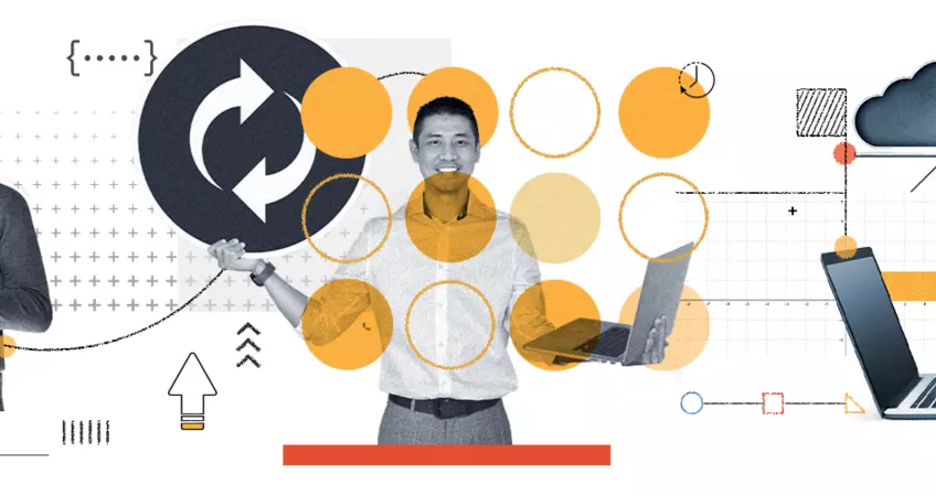 An image displaying the concept of Drupal Upgrade and Migration, where a man can be seen working on laptop, another man in the centre is seen standing with laptop in one hand and in the extreme right corner a laptop can be seen with a pair of hands working 